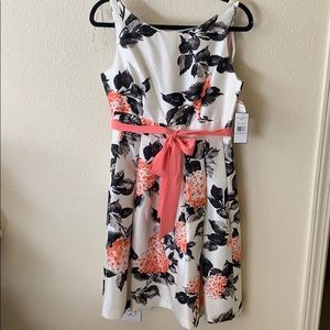 Scoop neck, A-line dress with sash around waist